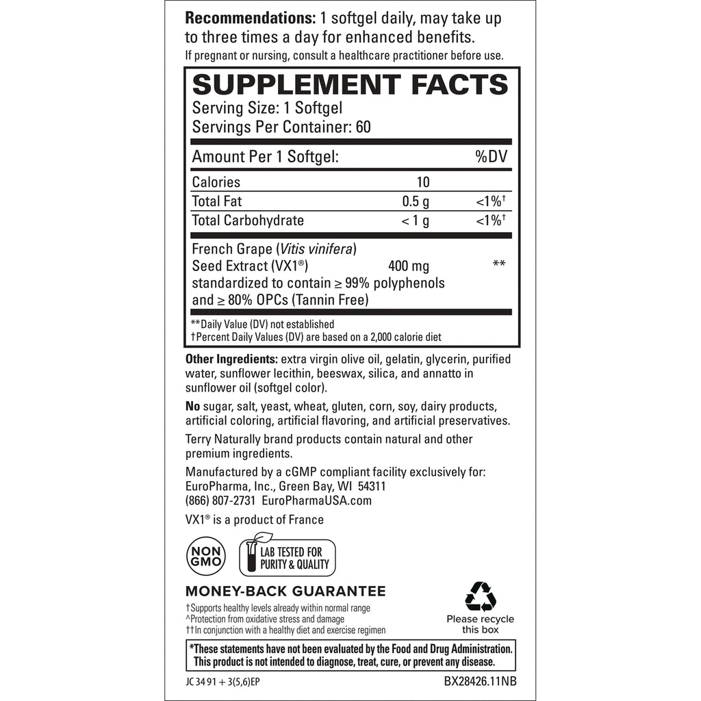 EUR050 | supplement facts and ingredients panel for French grape seed extract softgel, serving size 1 softgel, 60 servings - Thumbnail