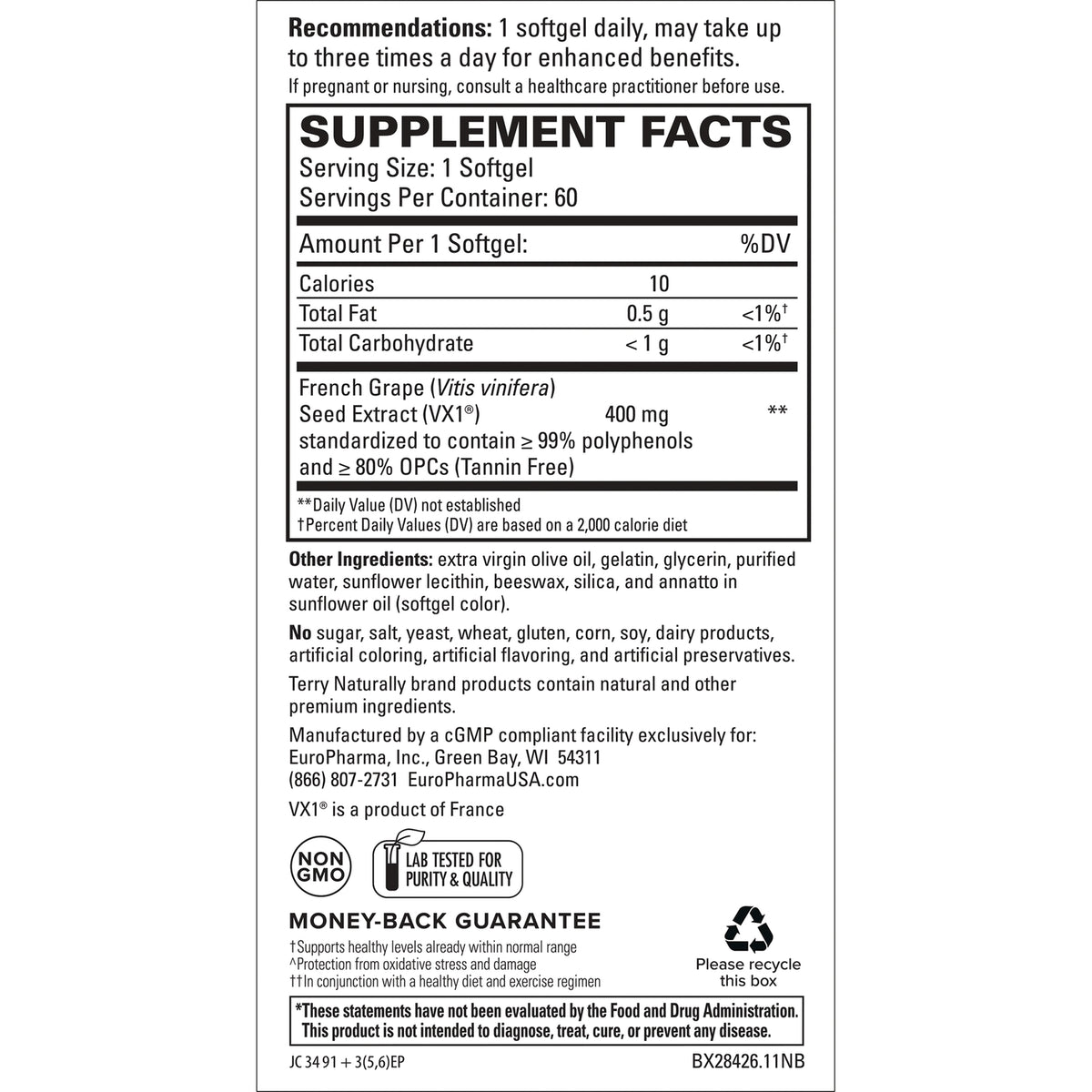 EUR050 | supplement facts and ingredients panel for French grape seed extract softgel, serving size 1 softgel, 60 servings