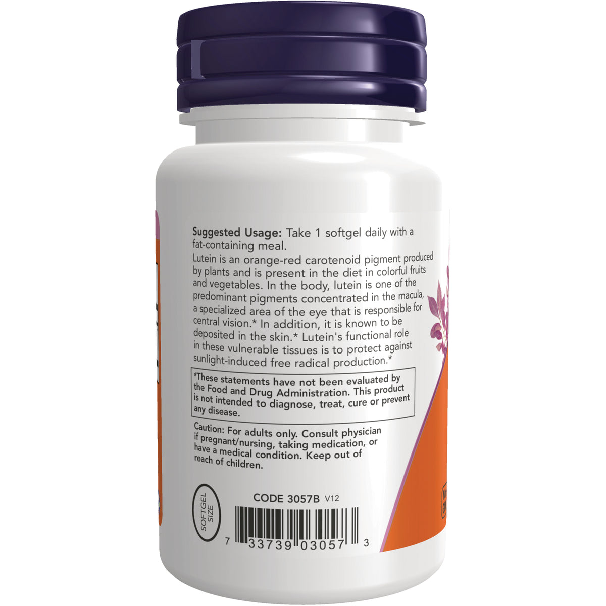 NWF330 | Back of white supplement bottle showing suggested usage, caution text, barcode and Code 3057B