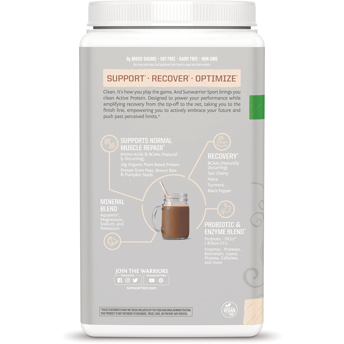 SNW044 | Back label infographic: SUPPORT  RECOVER  OPTIMIZE; muscle repair, mineral blend, recovery, probiotic and enzyme blend