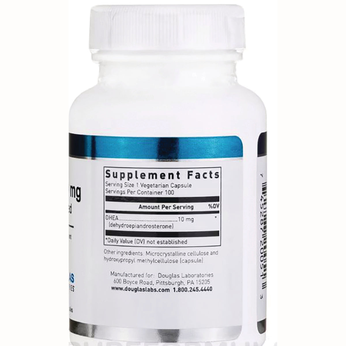 DGL020 | back of white supplement bottle showing Supplement Facts panel listing DHEA 10 mg and barcode