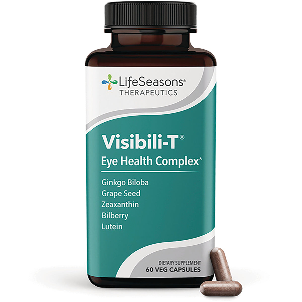 LSS006 | LifeSeasons Visibili-T eye health complex bottle front showing label and two brown capsules