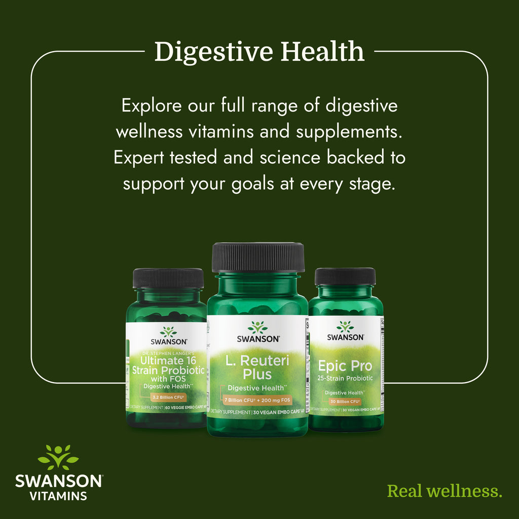 SWA025 | Woman outdoors smiling beside Swanson L. Reuteri Plus bottle, with text about gut health and immune support - Thumbnail