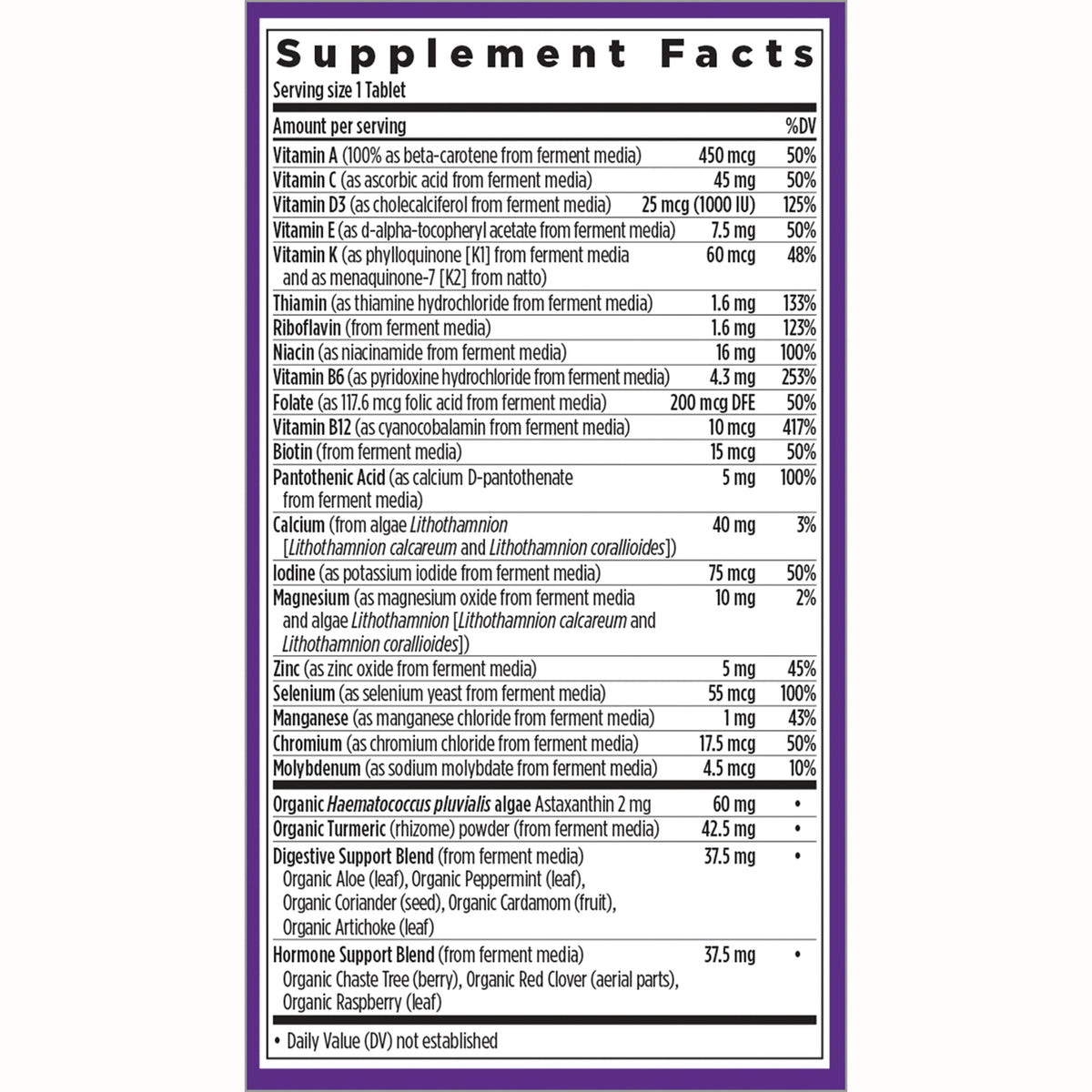 NWC318 | Supplement Facts panel listing vitamins, minerals, blends, and daily values on back label
