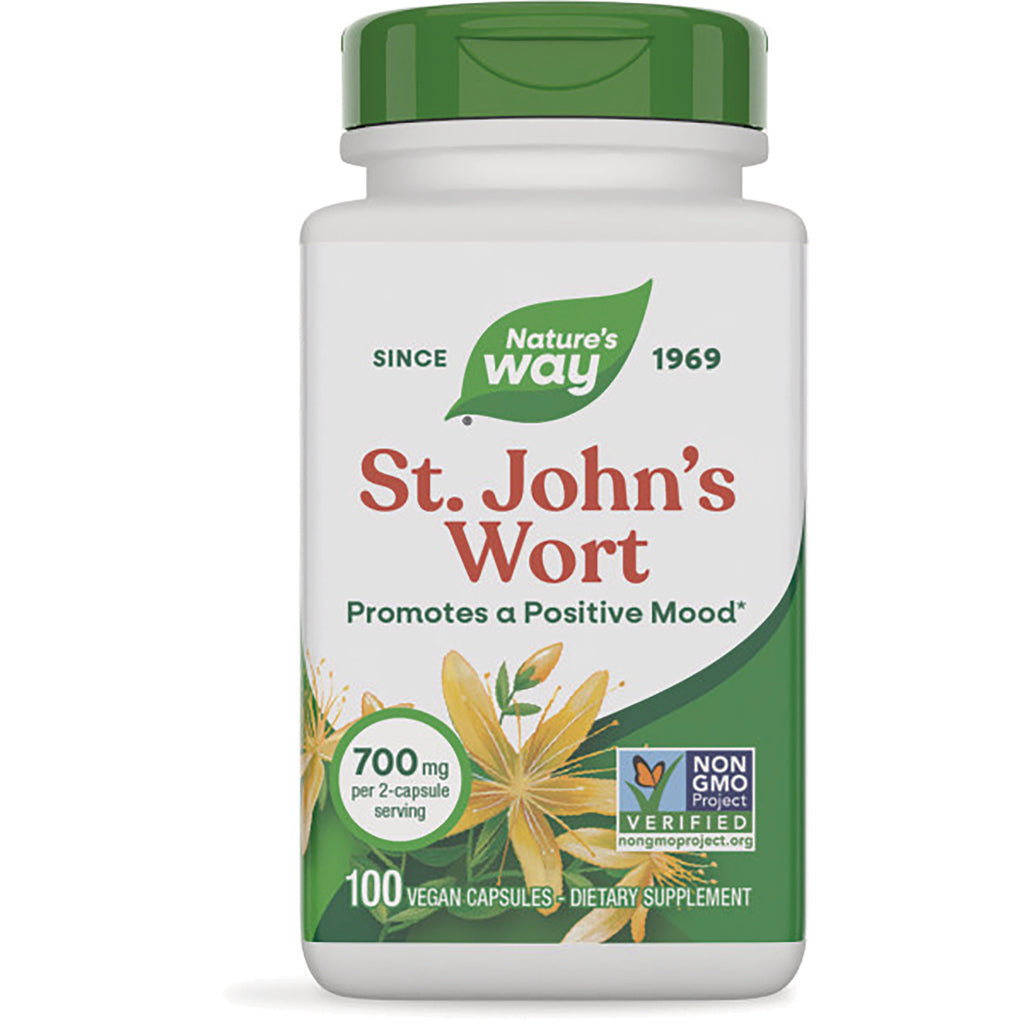 NW283 | Nature's Way St. John's Wort supplement bottle, 700 mg per 2-capsule serving, 100 vegan capsules, Non-GMO Verified - Thumbnail