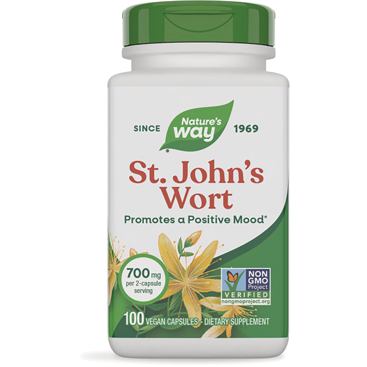 NW283 | Nature's Way St. John's Wort supplement bottle, 700 mg per 2-capsule serving, 100 vegan capsules, Non-GMO Verified