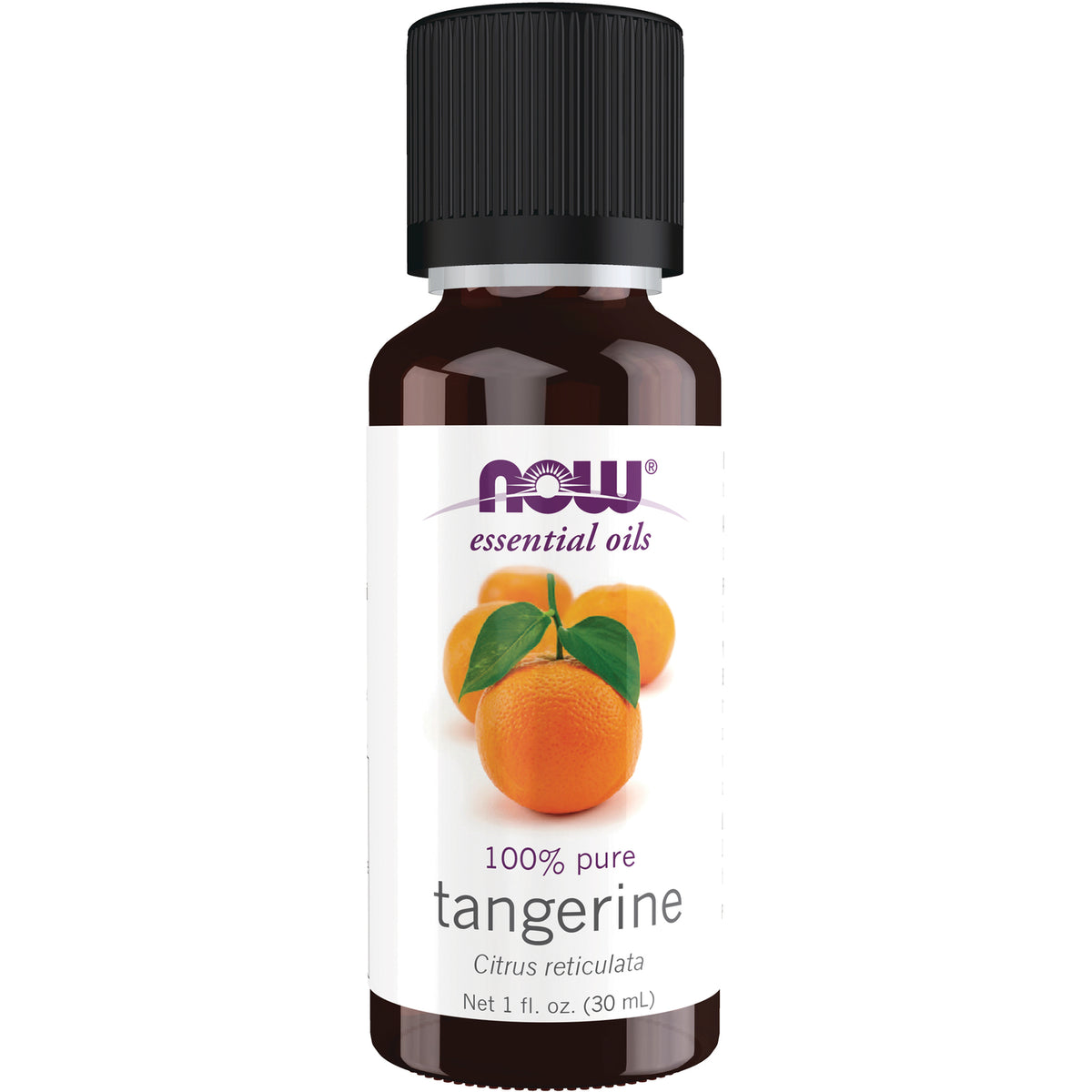 NWF638 | Brown glass bottle labeled NOW essential oils 100% pure tangerine with orange illustration, 1 fl oz
