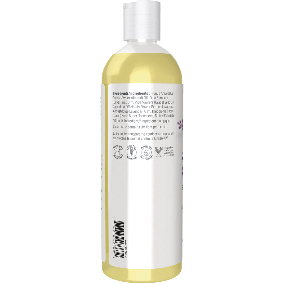 NWF428 | Back of clear bottle showing ingredients list, certification icons, and barcode
