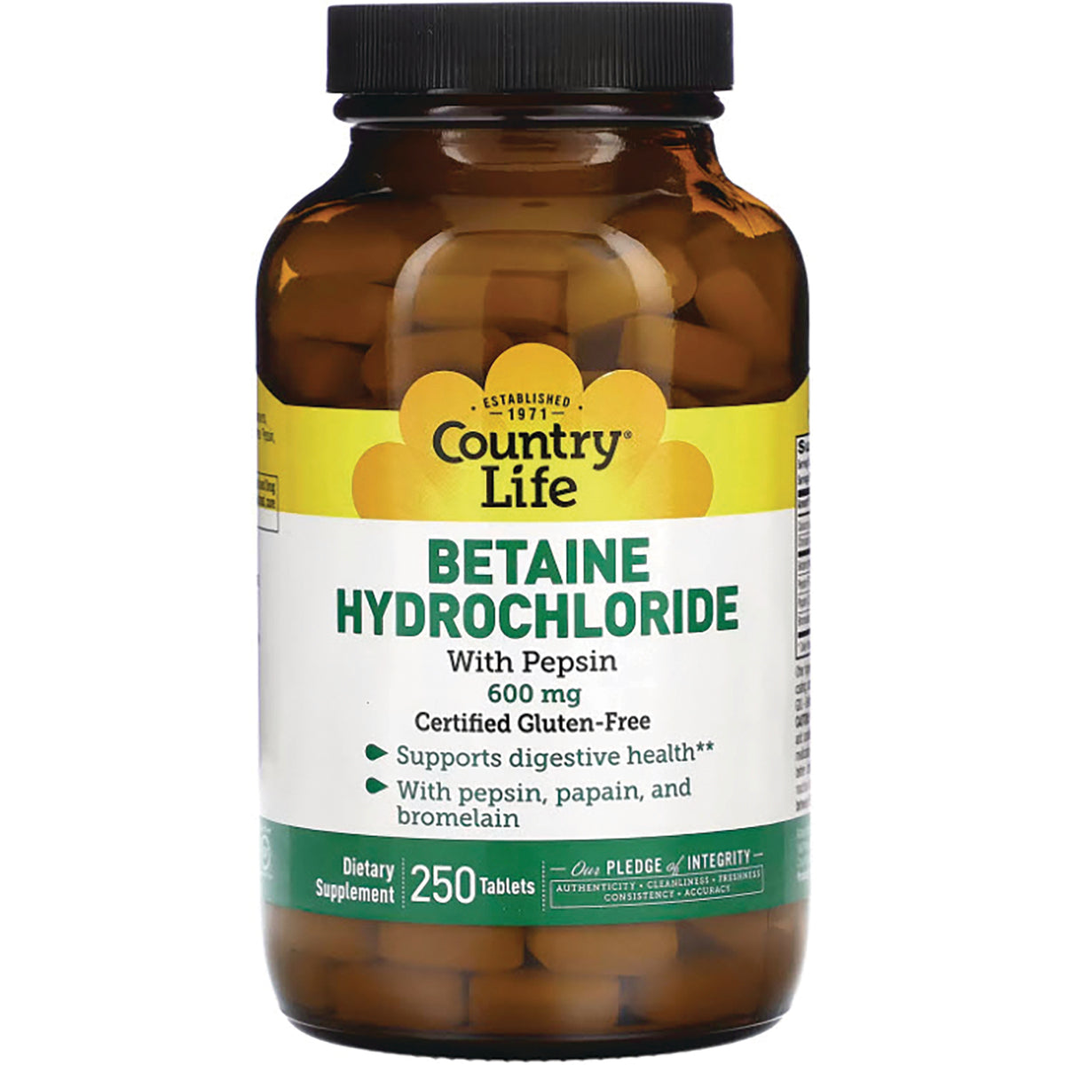 CRL187 | Amber bottle of Country Life Betaine Hydrochloride with pepsin 600 mg, 250 tablets dietary supplement