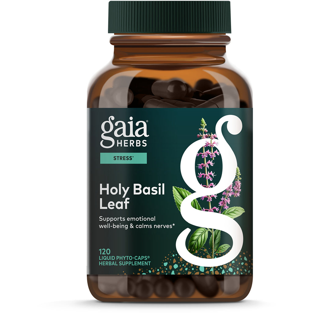GH088 | Gaia Herbs Holy Basil Leaf supplement bottle, 120 vegan liquid phyto-caps, stress support - Thumbnail