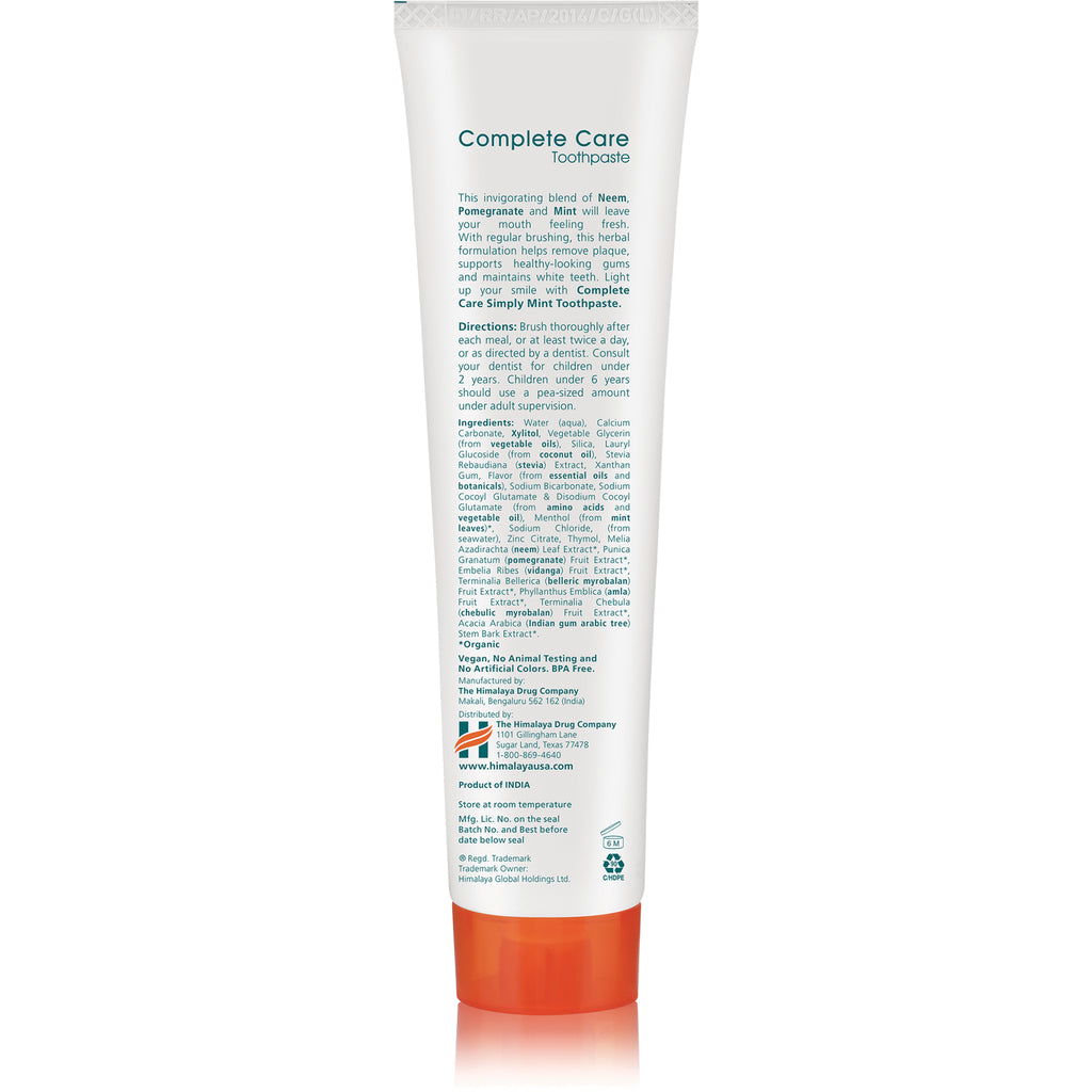 HHH057 | Back of Complete Care toothpaste tube showing ingredients, directions and manufacturer text, orange cap - Thumbnail