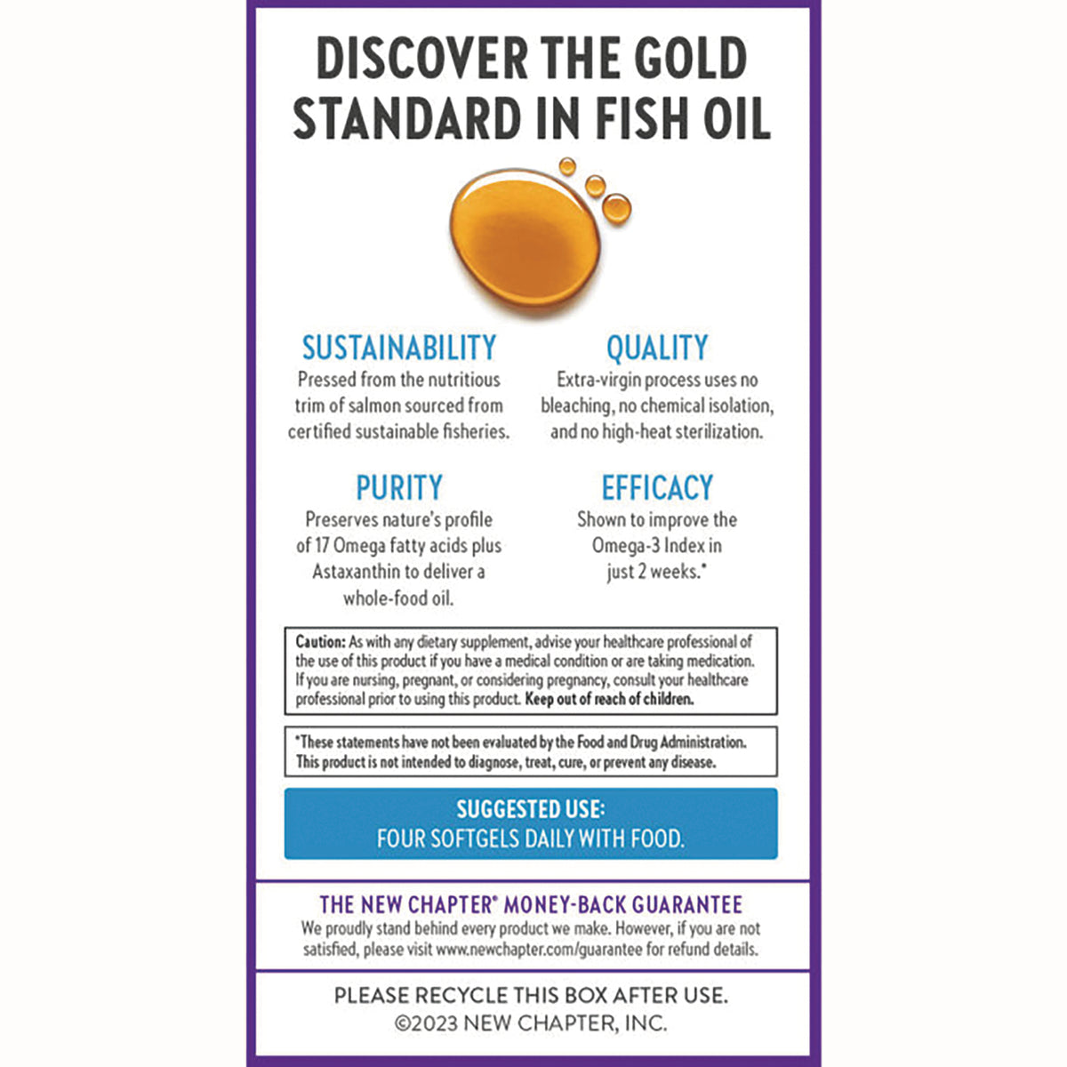 NWC317 | Back of supplement box showing sustainability, quality, purity, efficacy claims and suggested use four softgels daily