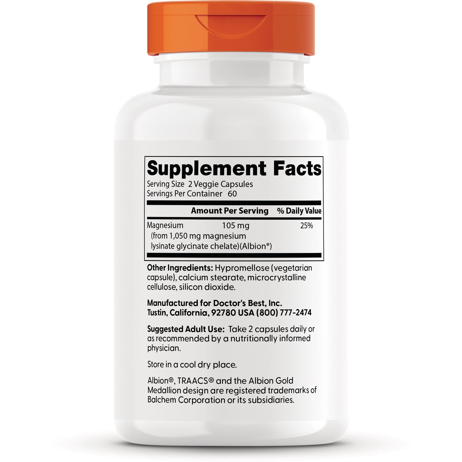 DB284 | Back label showing Supplement Facts listing magnesium 105 mg, other ingredients, and suggested use
