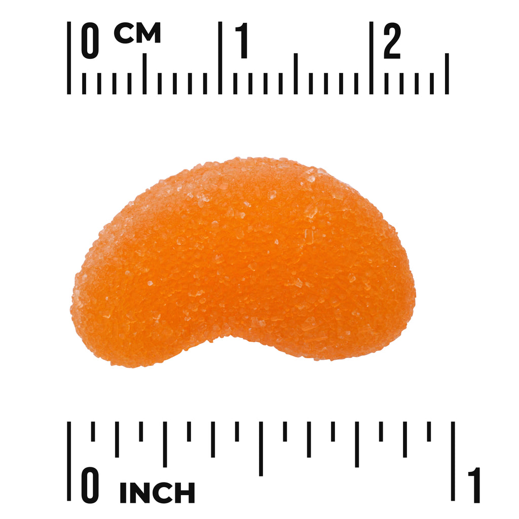 SW1883 | Orange gummy wedge with sugar coating shown next to cm and inch rulers - Thumbnail