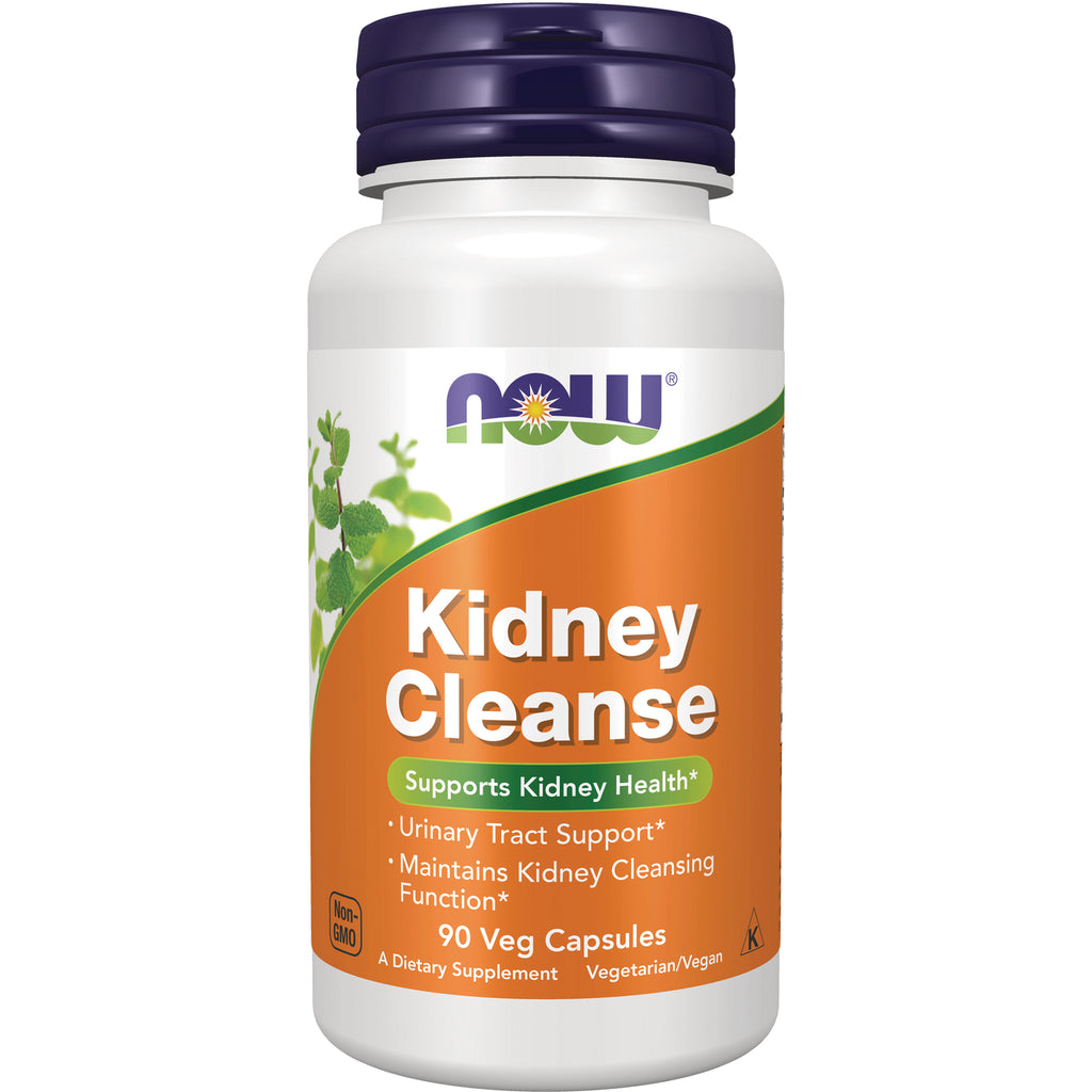 NWF1266 | NOW Kidney Cleanse supplement bottle with orange label reading Kidney Cleanse, Supports Kidney Health, 90 Veg Capsules - Thumbnail