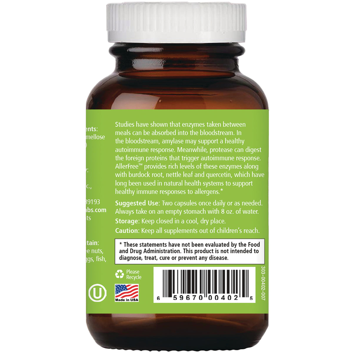 PEL055 | Back of brown supplement bottle with green label showing directions, caution, barcode and Made in USA logo