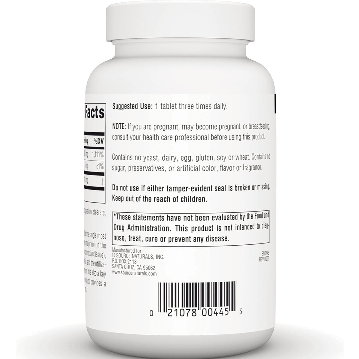 SN613 | Supplement bottle back label with suggested use, warnings, FDA disclaimer, and barcode