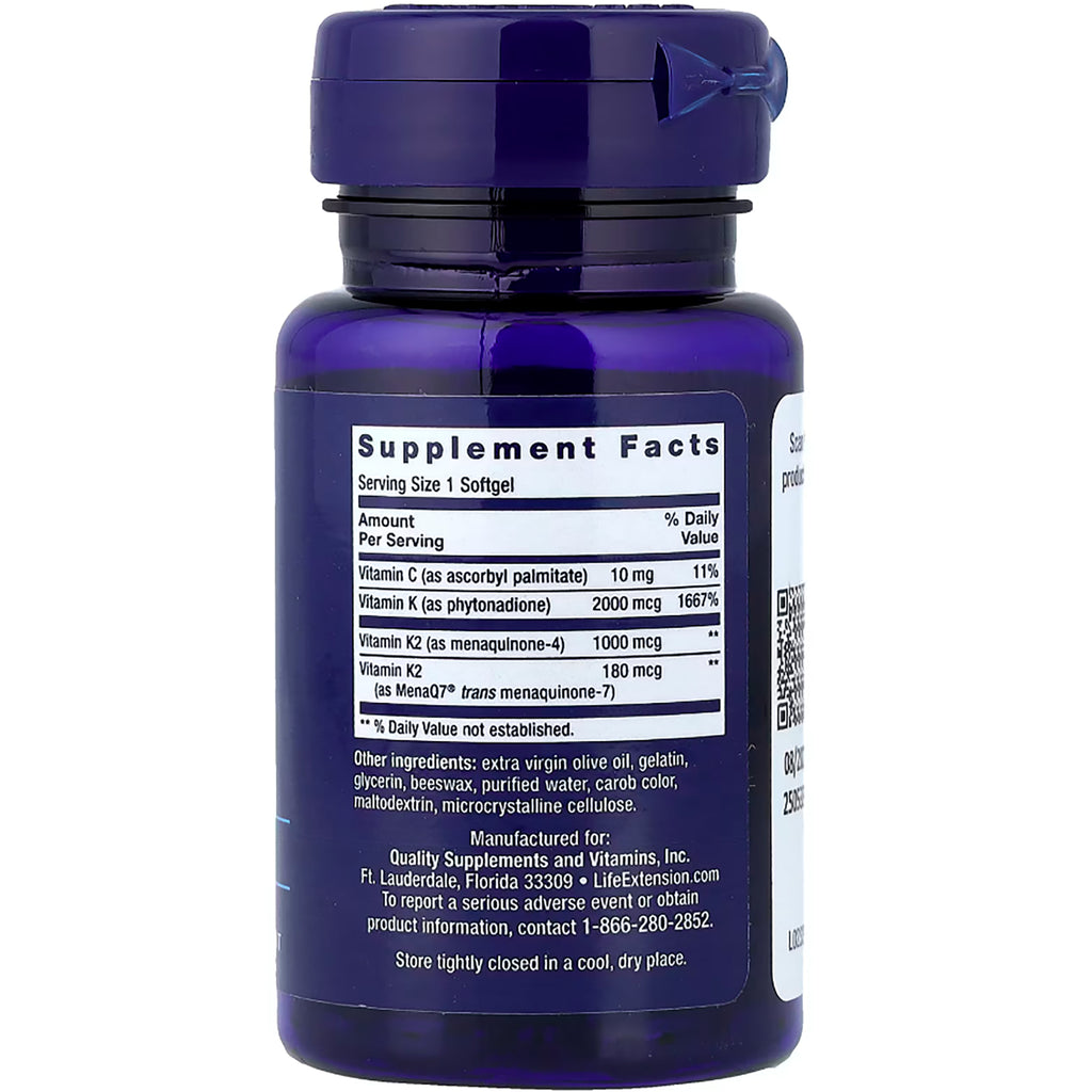 LE472 | Bottle back showing Supplement Facts label with Serving Size 1 Softgel and vitamin K amounts - Thumbnail