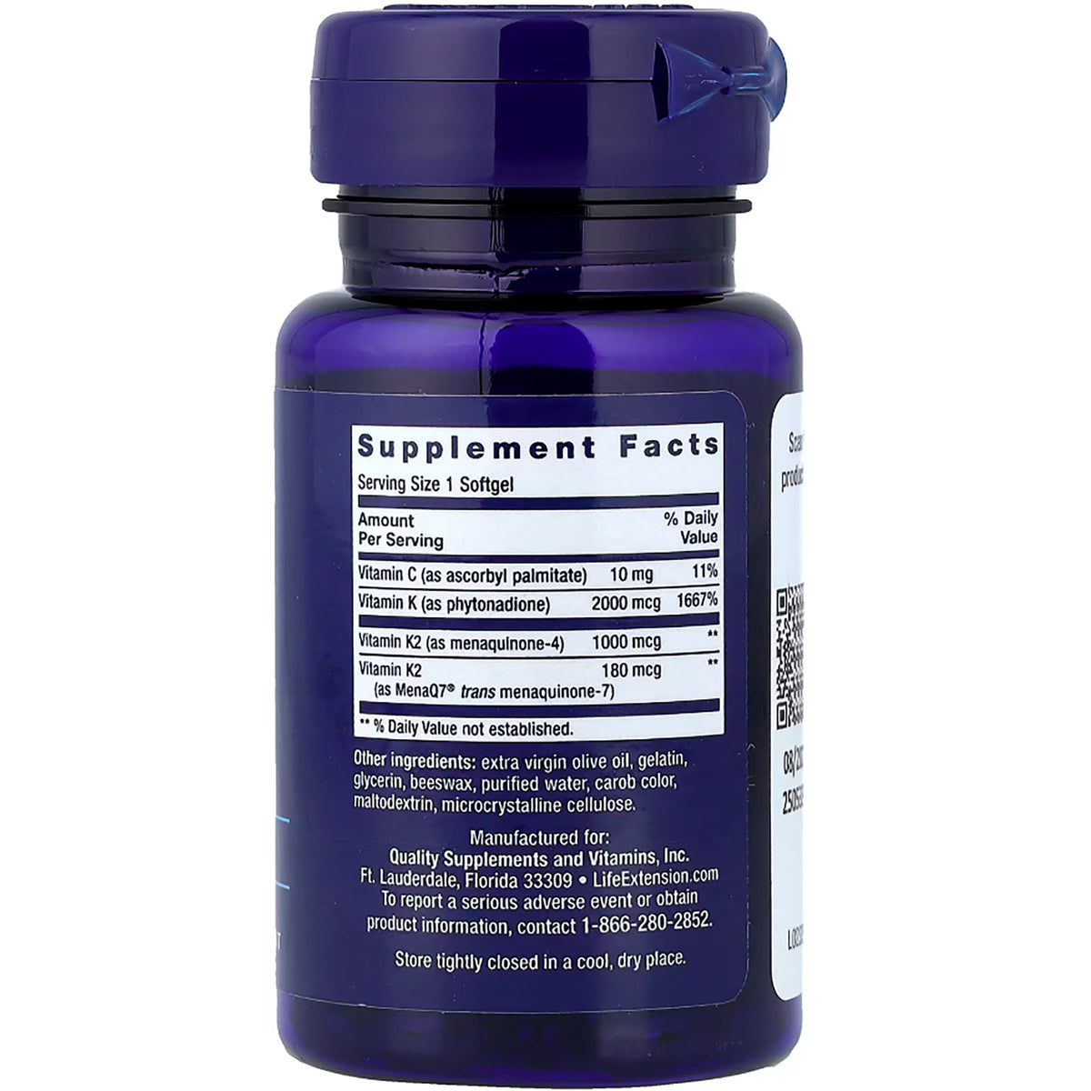 LE472 | Bottle back showing Supplement Facts label with Serving Size 1 Softgel and vitamin K amounts