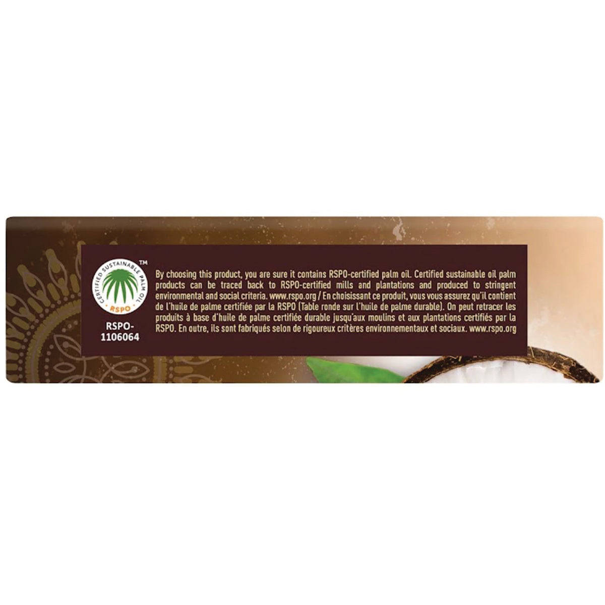 DST082 | Back panel with RSPO-certified palm oil statement and RSPO-1106064 seal above partial coconut image