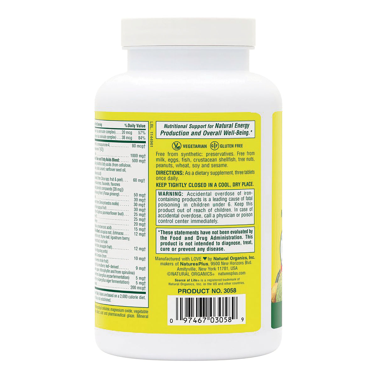 NTP041 | Back of white supplement bottle showing nutrition panel, directions, warning text and barcode