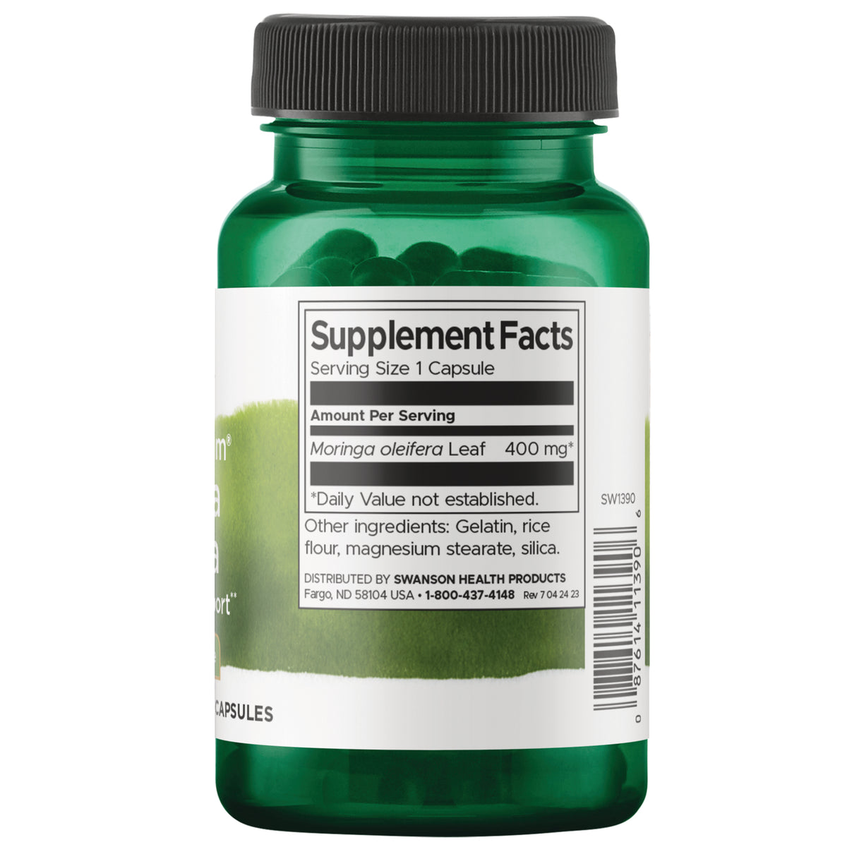 SW1390 | Back label Supplement Facts panel for Moringa oleifera Leaf 400 mg capsules