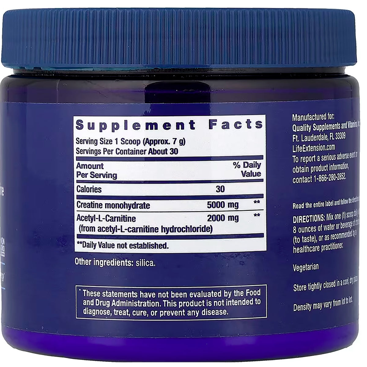 LE592 | Back label with Supplement Facts listing creatine monohydrate 5000 mg, acetyl-L-carnitine 2000 mg, other ingredient silica