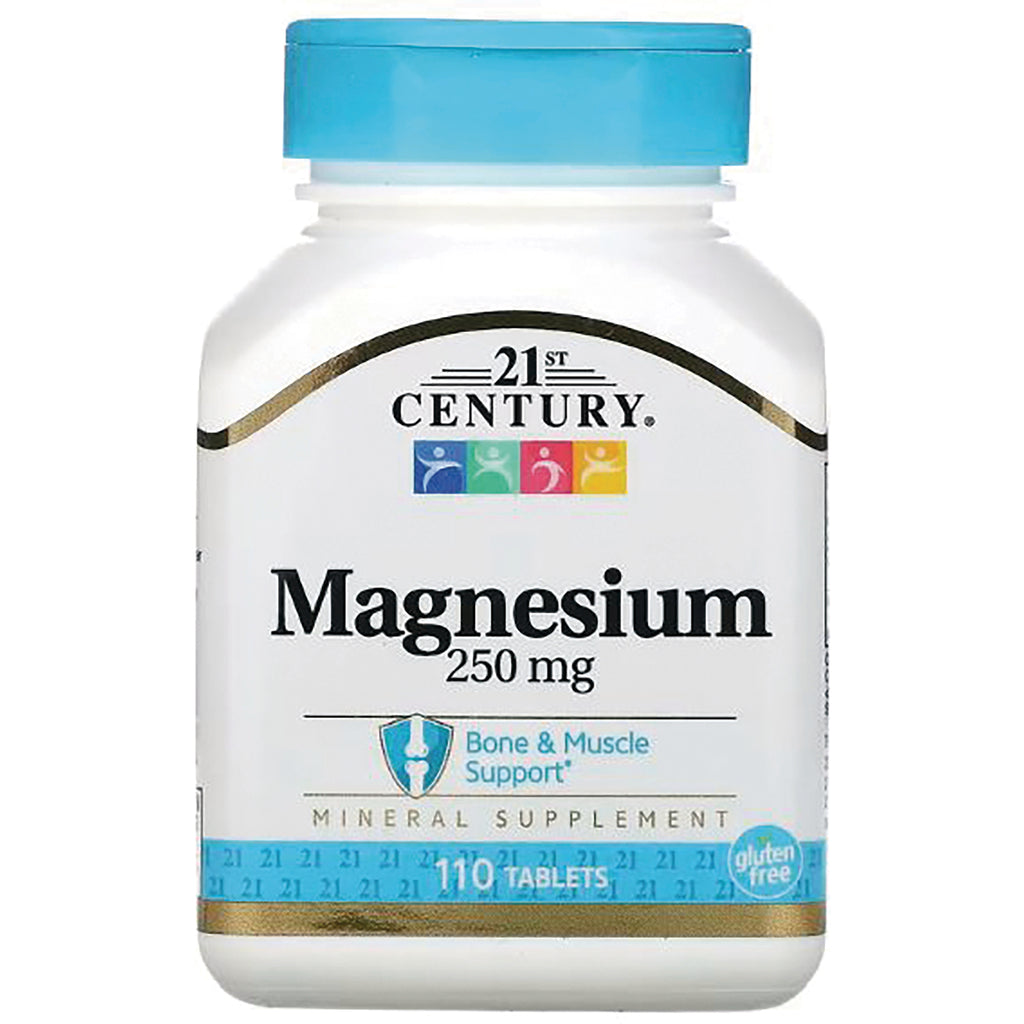 CNT099 | 21st Century Magnesium 250 mg white bottle with blue cap, mineral supplement 110 tablets, Bone & Muscle Support, gluten free - Thumbnail