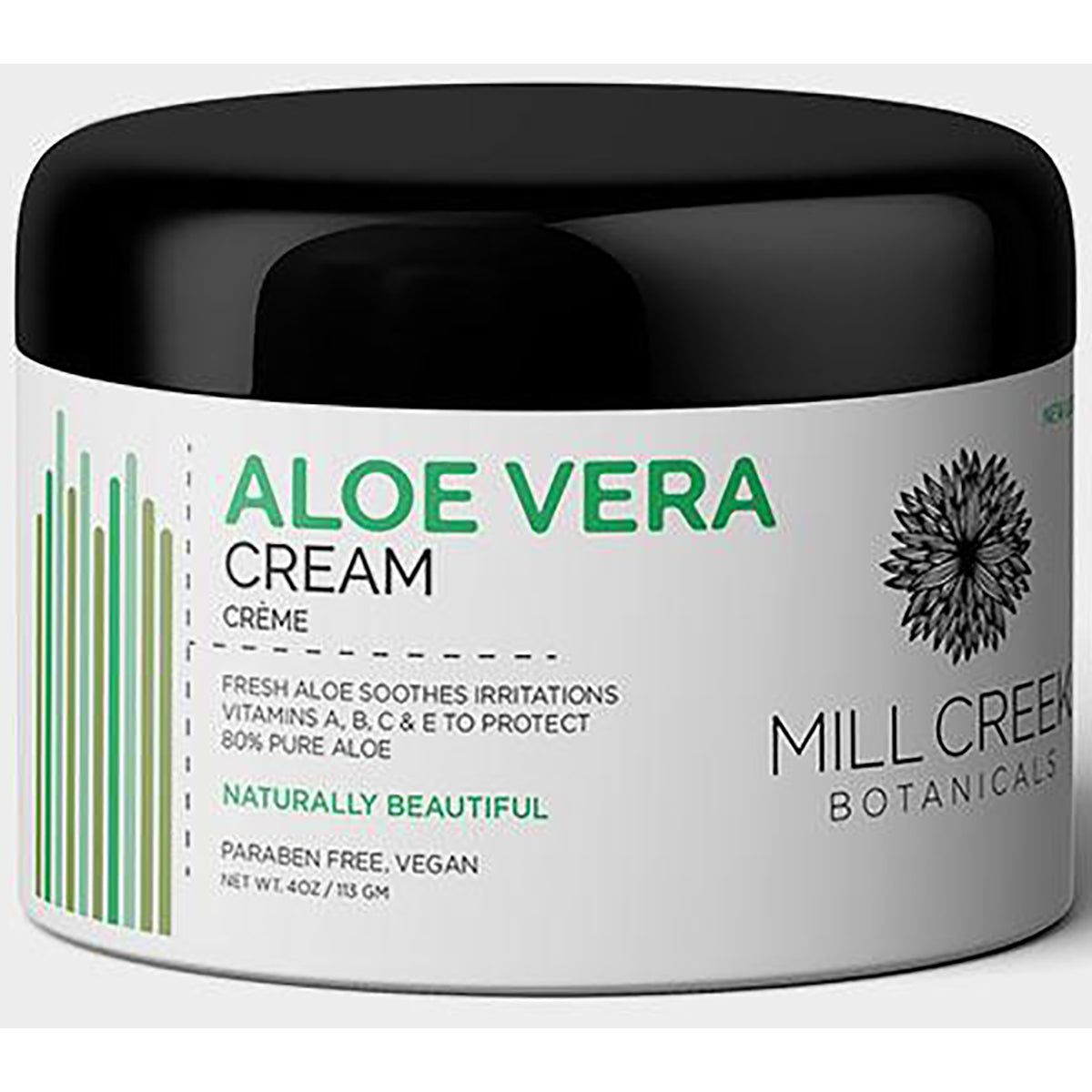 MCB035 | jar of Mill Creek Botanicals Aloe Vera Cream with black lid and white label, paraben free vegan