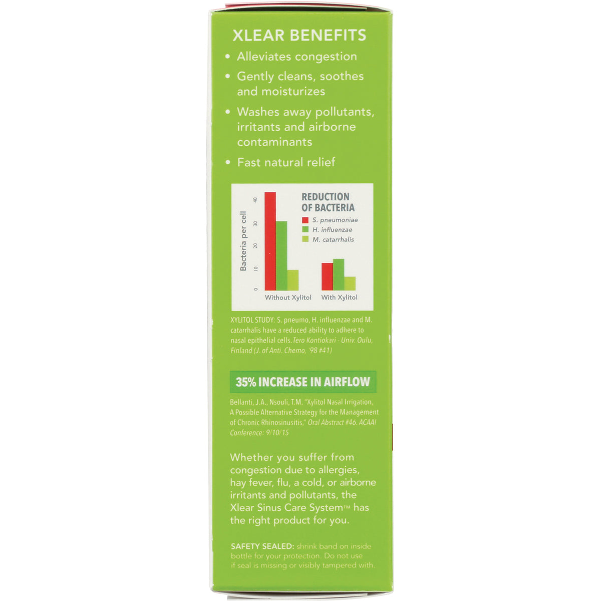 XL001 | XLEAR BENEFITS panel on green box with bullet points and reduction of bacteria chart