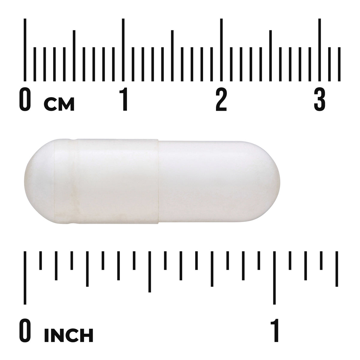 SWU1060 | white two-piece capsule on rulers showing about 1 inch length
