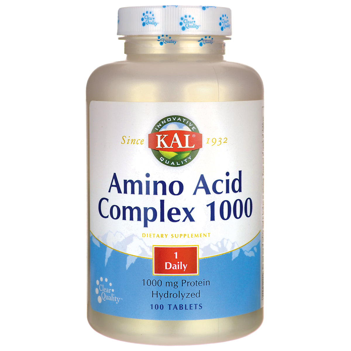 KL513 | KAL Amino Acid Complex 1000 dietary supplement bottle front label, 100 tablets, 1 Daily
