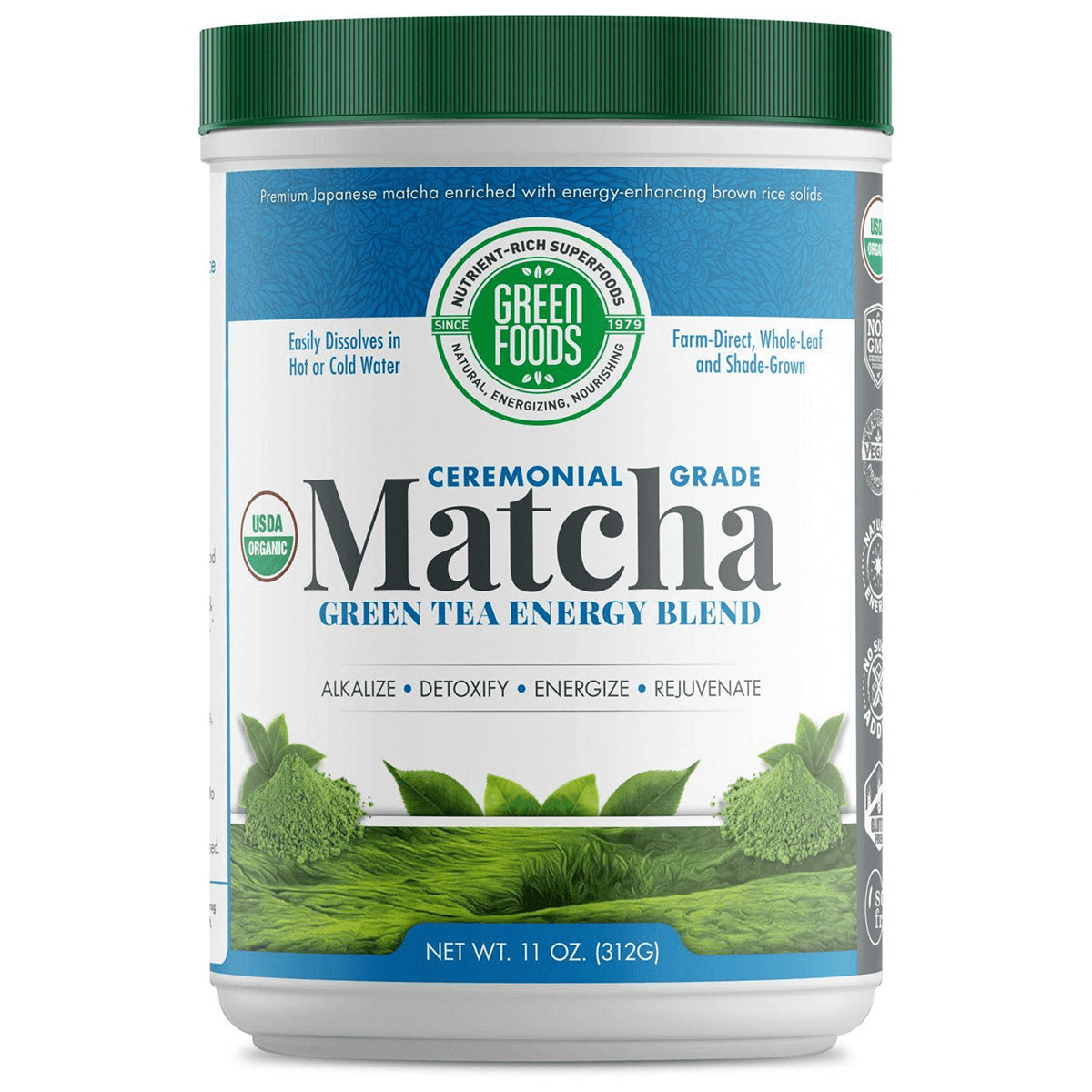 Ceremonial grade Matcha green tea energy blend tin with green lid and front label
