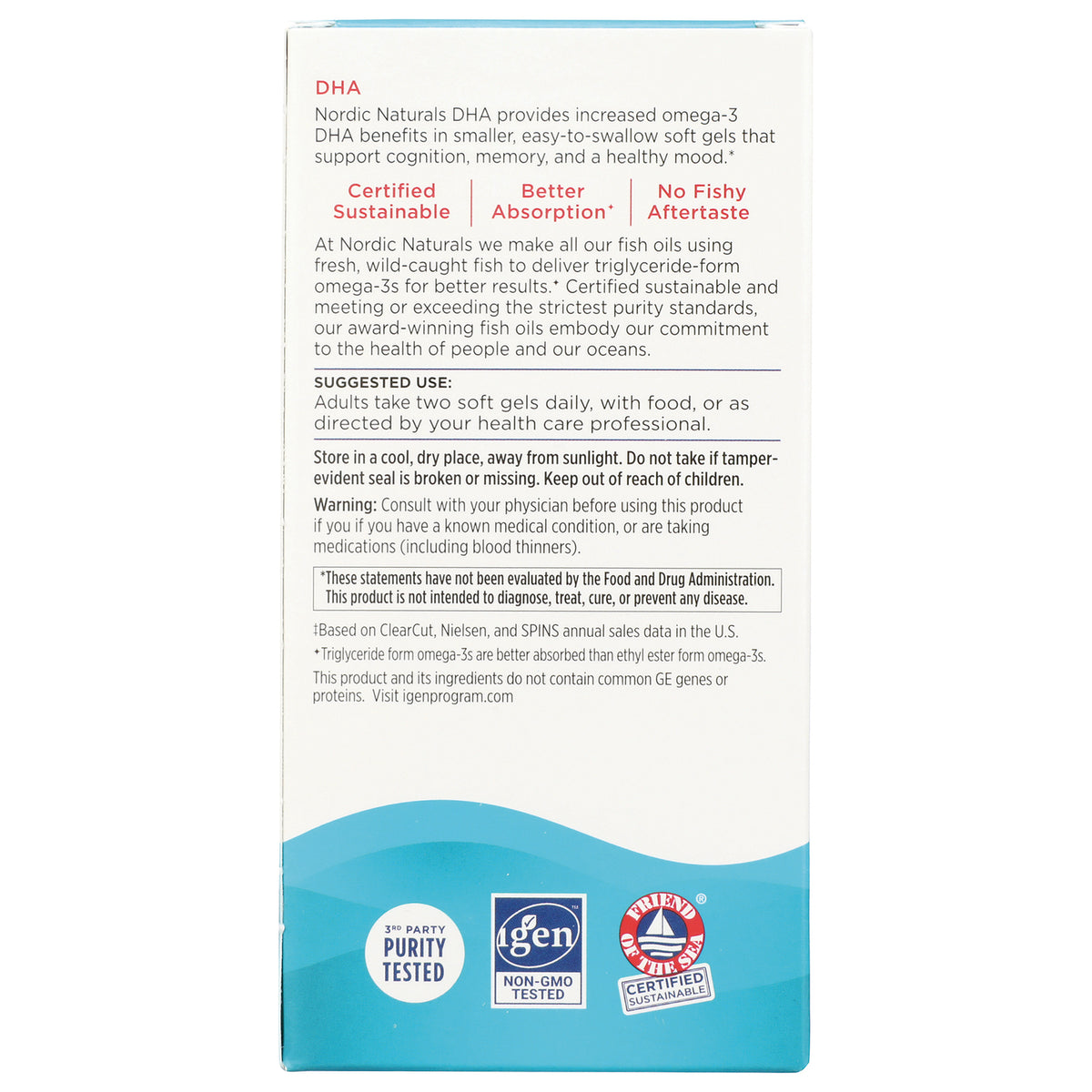NRN024 | Back of Nordic Naturals DHA box showing suggested use, warnings, and purity tested, non-GMO, certified sustainable logos