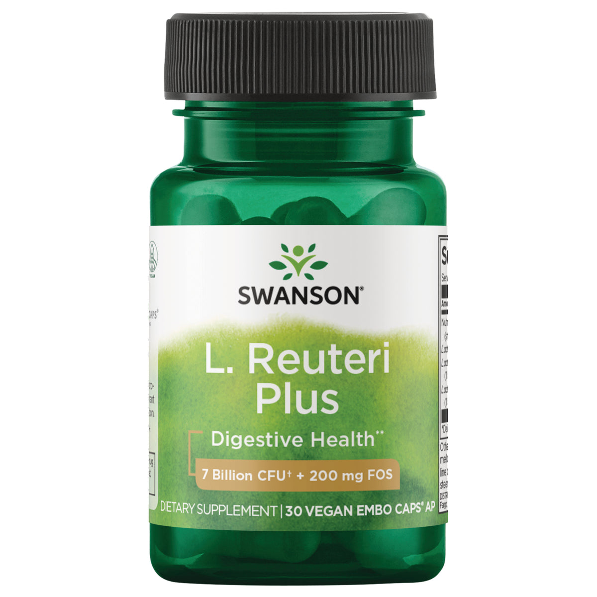 SWA025 | Swanson L. Reuteri Plus probiotic, Digestive Health, 7 Billion CFU + 200 mg FOS, 30 vegan capsules bottle front