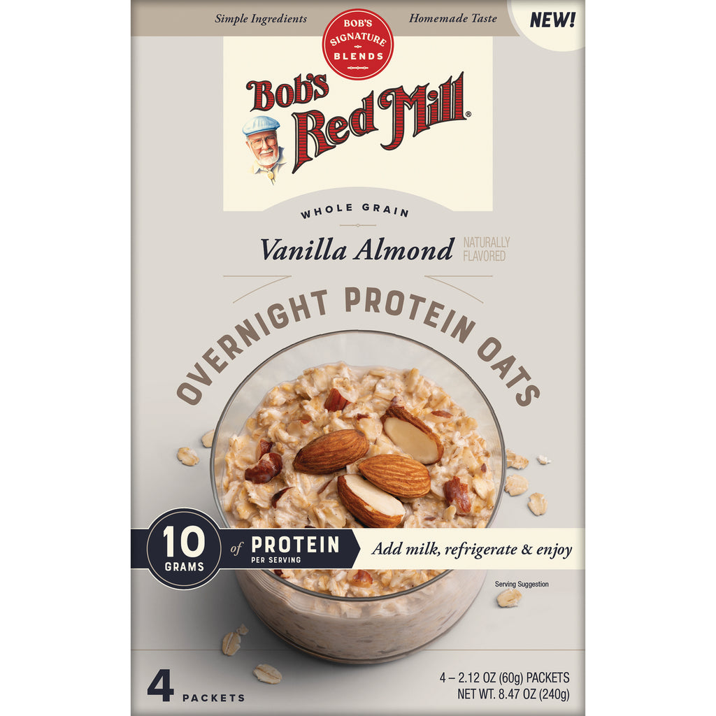 BOB488 | Bob's Red Mill Vanilla Almond Overnight Protein Oats box with bowl of oats topped with almonds, 10 g protein, 4 packets - Thumbnail
