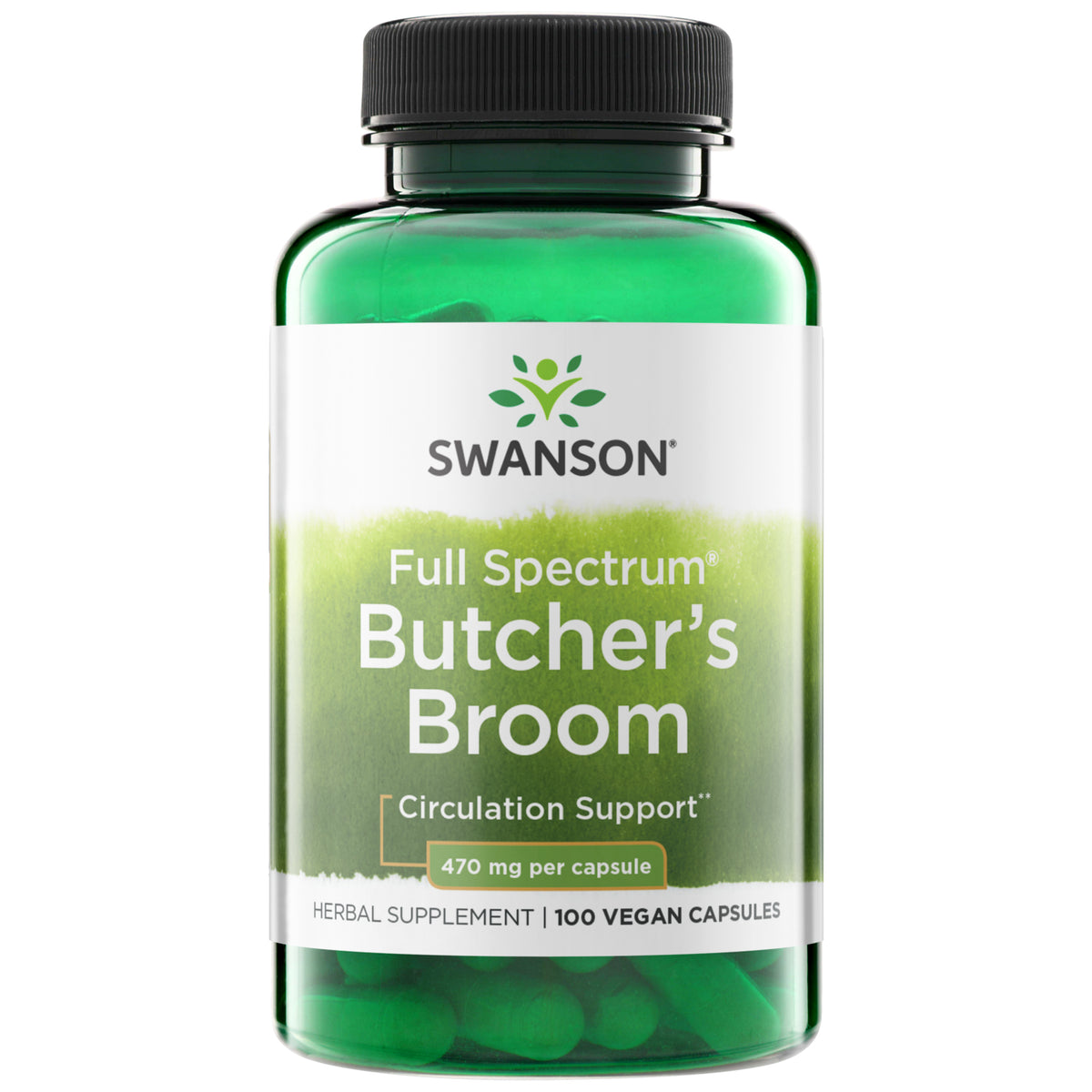 SW415 | Swanson Full Spectrum Butcher's Broom supplement bottle, 470 mg per capsule, 100 capsules, front label