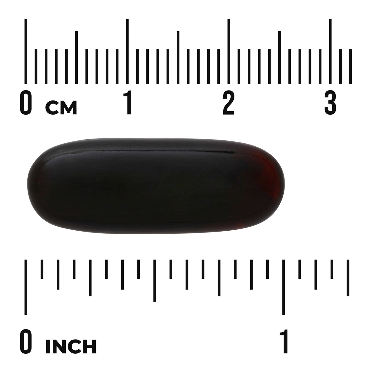 SWE082 | Dark softgel capsule shown with size scale in cm and inches