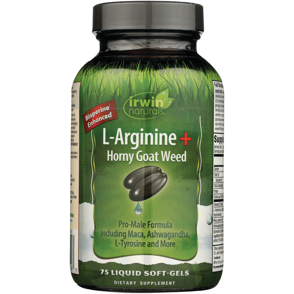 IR222 | Green Irwin Naturals bottle labeled L-Arginine Horny Goat Weed, 75 liquid soft-gels front view - Thumbnail