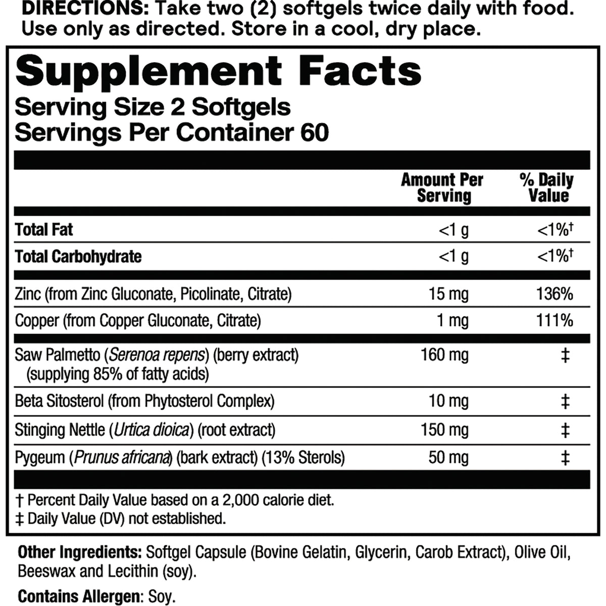 NSL073 | Supplement Facts label showing serving size 2 softgels, zinc 15 mg, saw palmetto 160 mg, other ingredients, contains soy