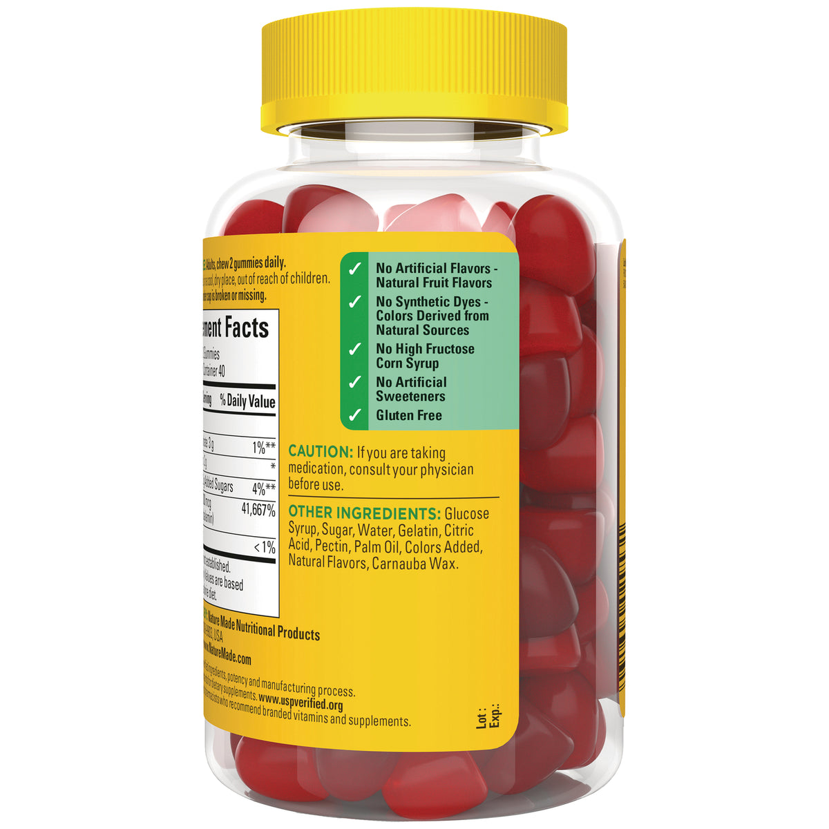 NTM102 | back label of clear bottle with yellow panel showing supplement facts and other ingredients, red gummy vitamins visible