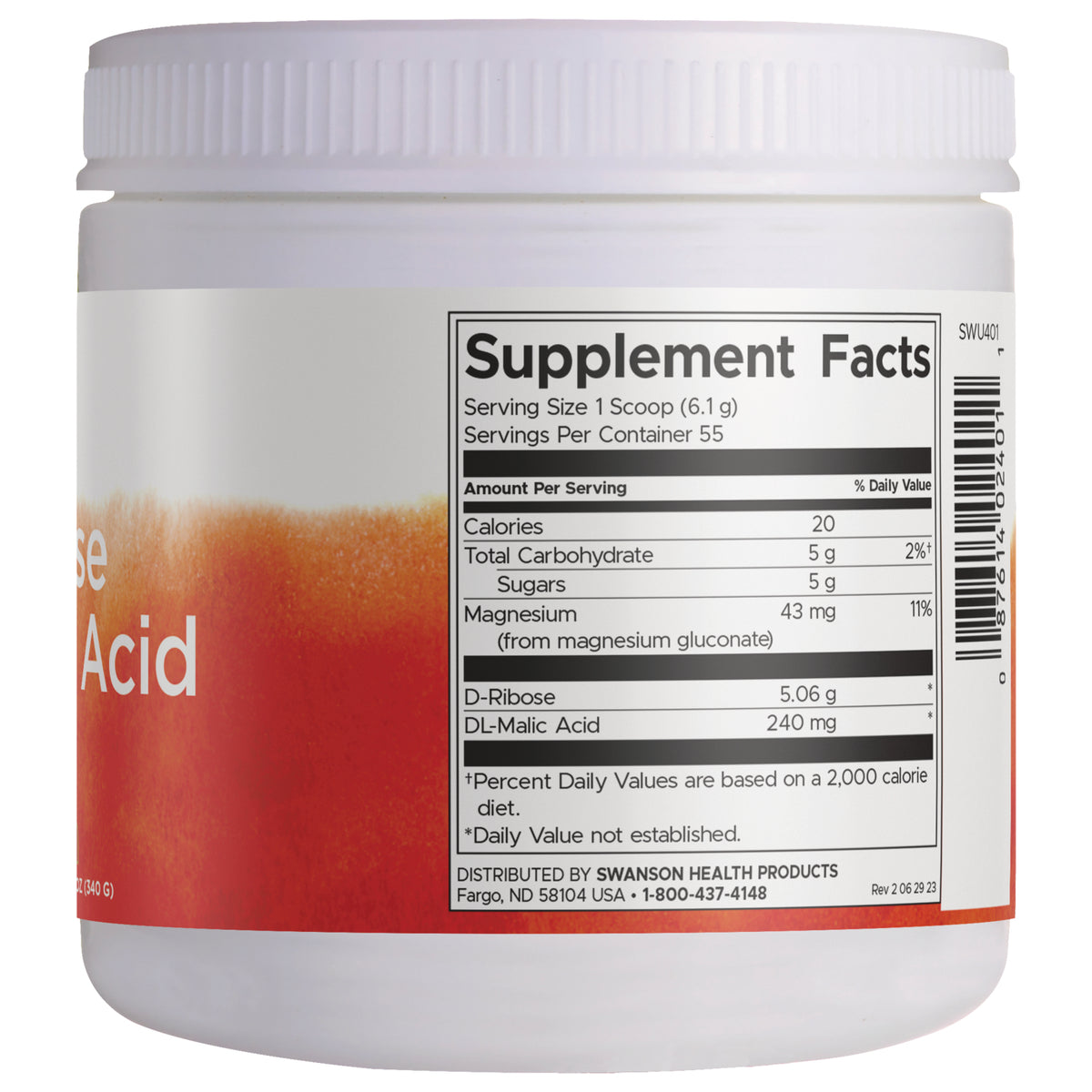 SWU401 | Back label Supplement Facts panel with serving size 1 scoop (6.1 g), D-Ribose and DL-Malic Acid