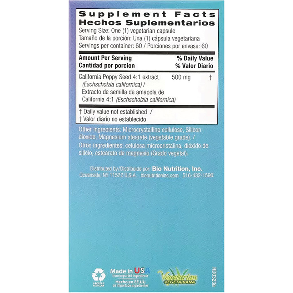 BNN024 | back label showing Supplement Facts and ingredients listing California poppy seed extract 500 mg - Thumbnail