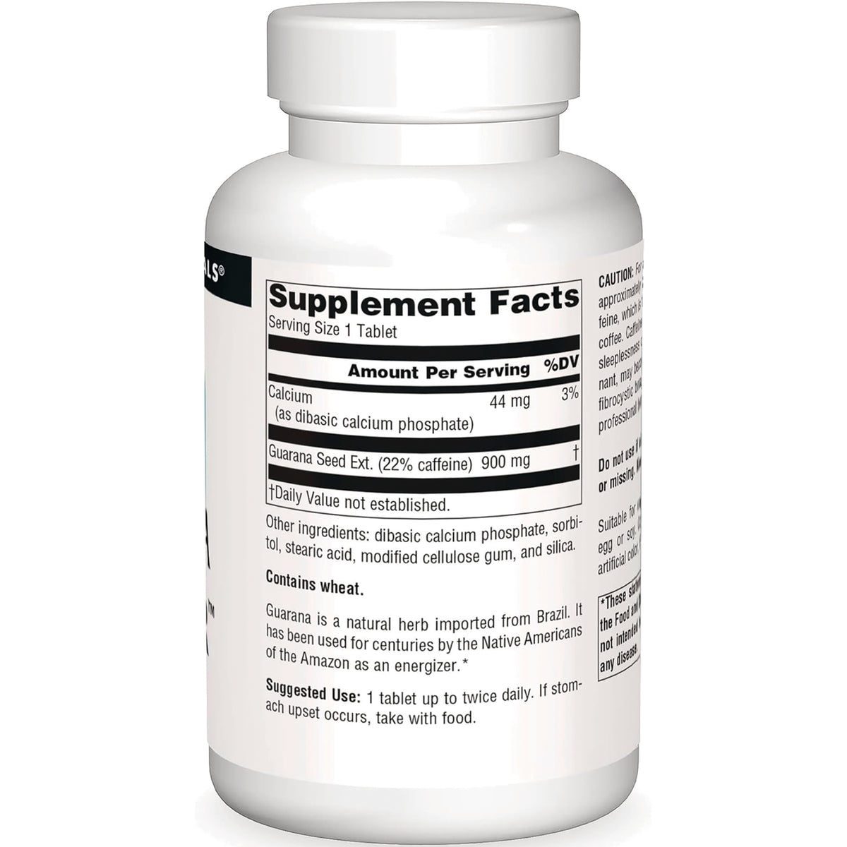 SN616 | Back label with Supplement Facts panel, serving size 1 tablet, guarana seed extract 900 mg