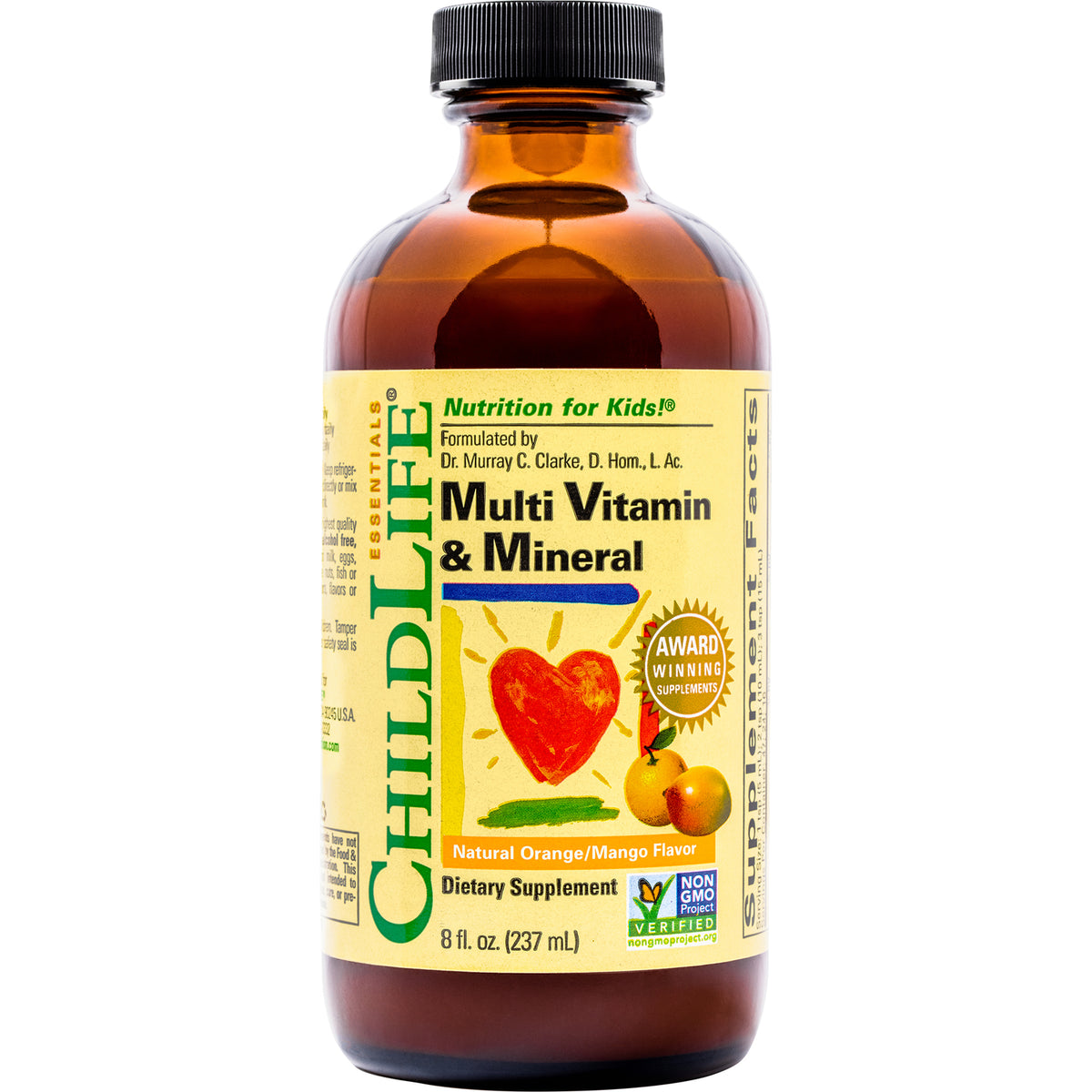CHL002 | Brown glass bottle showing ChildLife Essentials Multi Vitamin & Mineral front label, Natural Orange/Mango flavor