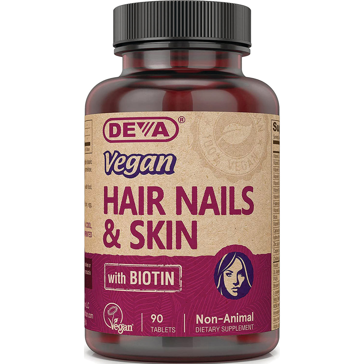 DEV022 | DEVA Vegan Hair Nails & Skin with Biotin supplement bottle, 90 tablets