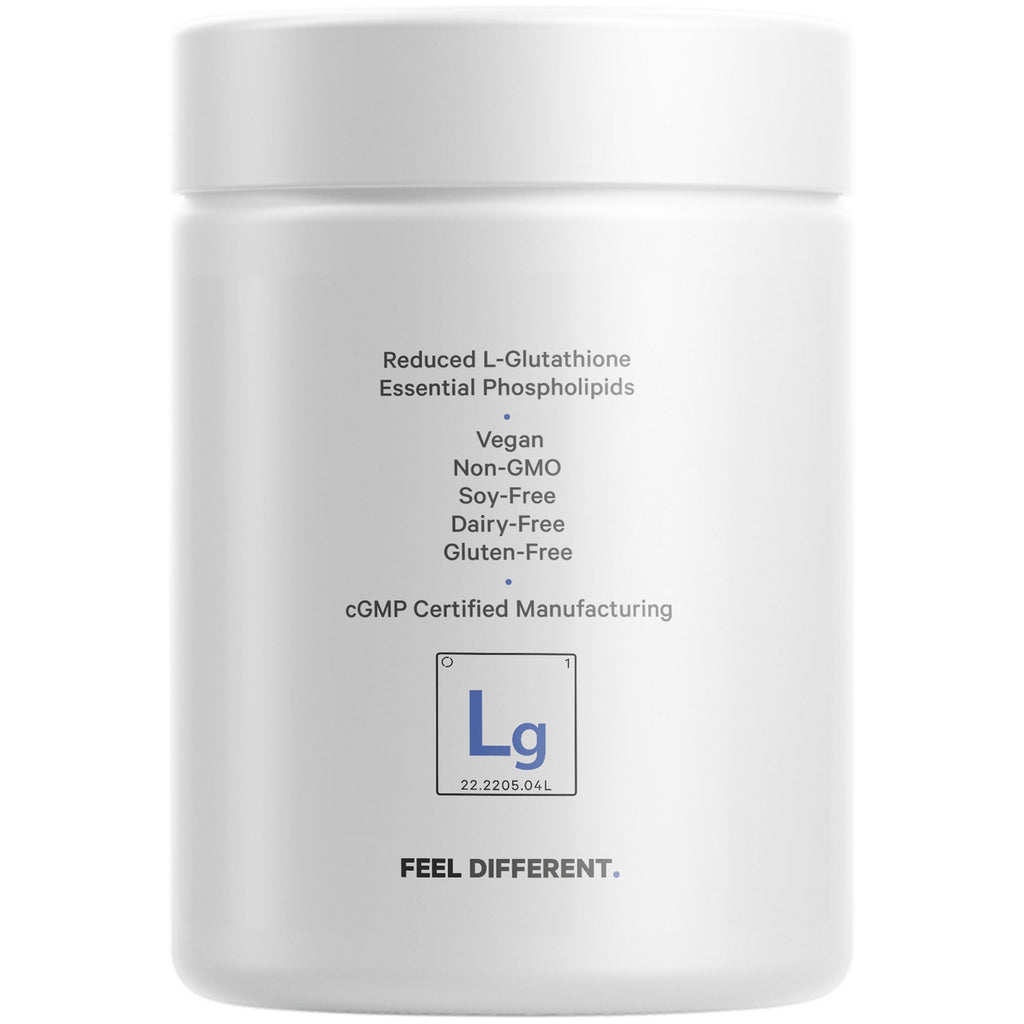 CDG047 | back of white supplement jar labeled Reduced L-Glutathione, Vegan, Non-GMO, Soy-Free, Dairy-Free, Gluten-Free - Thumbnail