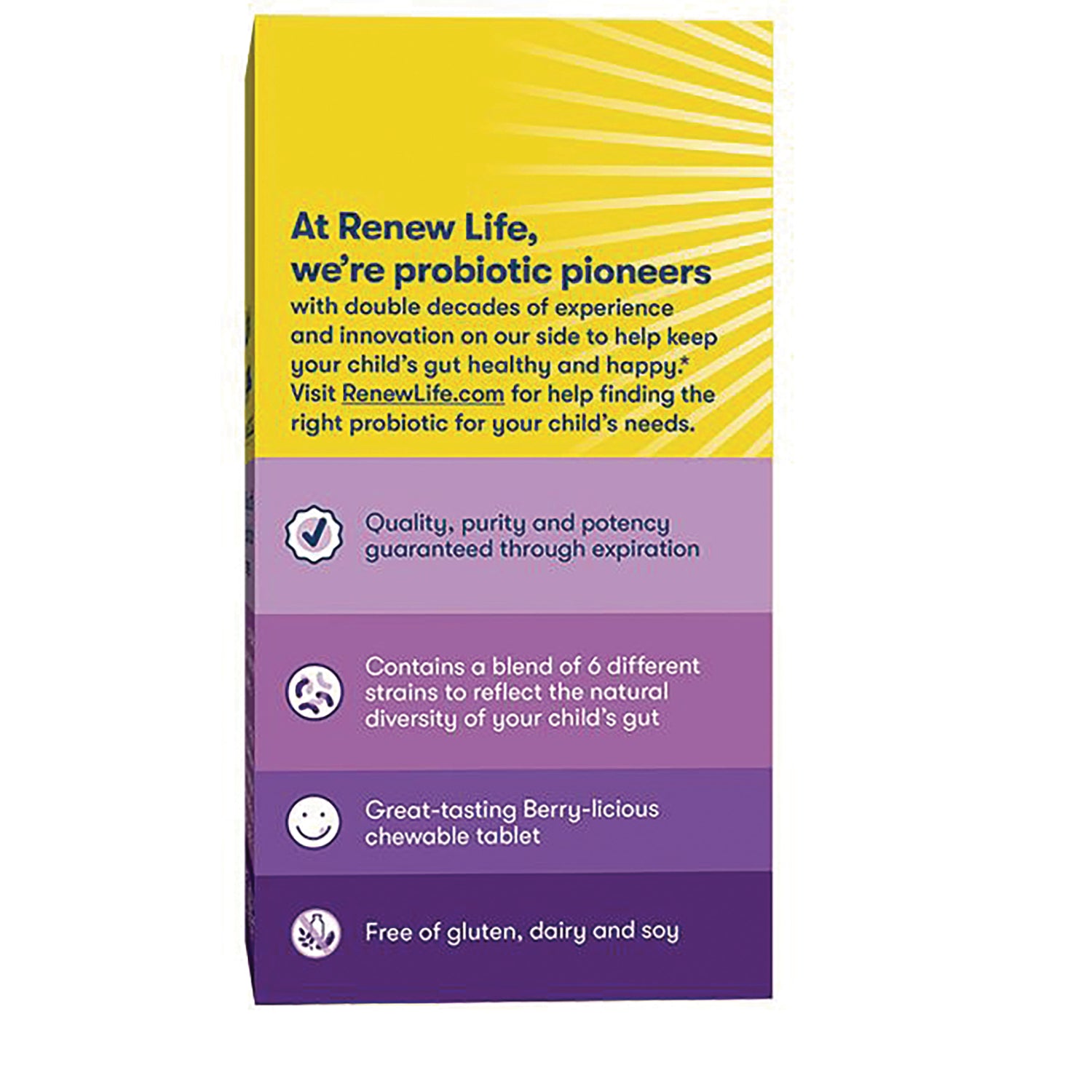 RNL205 | Renew Life product infographic listing potency guarantee, blend of 6 probiotic strains, berry chewable tablet, free of gluten dairy soy