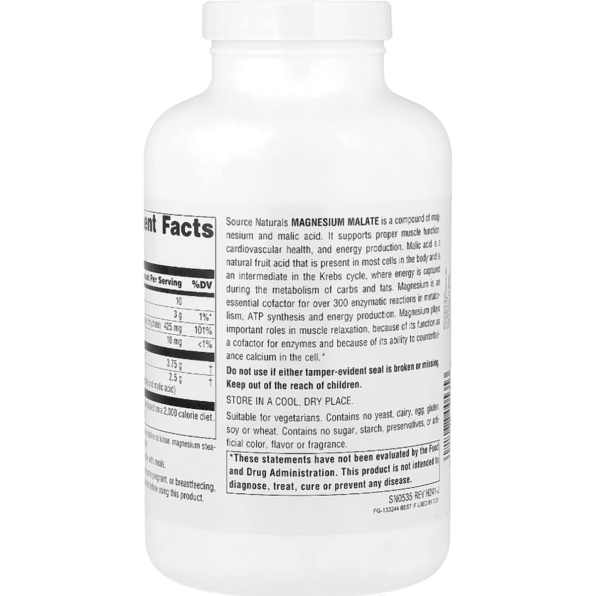 SN248 | Source Naturals Magnesium Malate supplement bottle back label with Supplement Facts and warnings