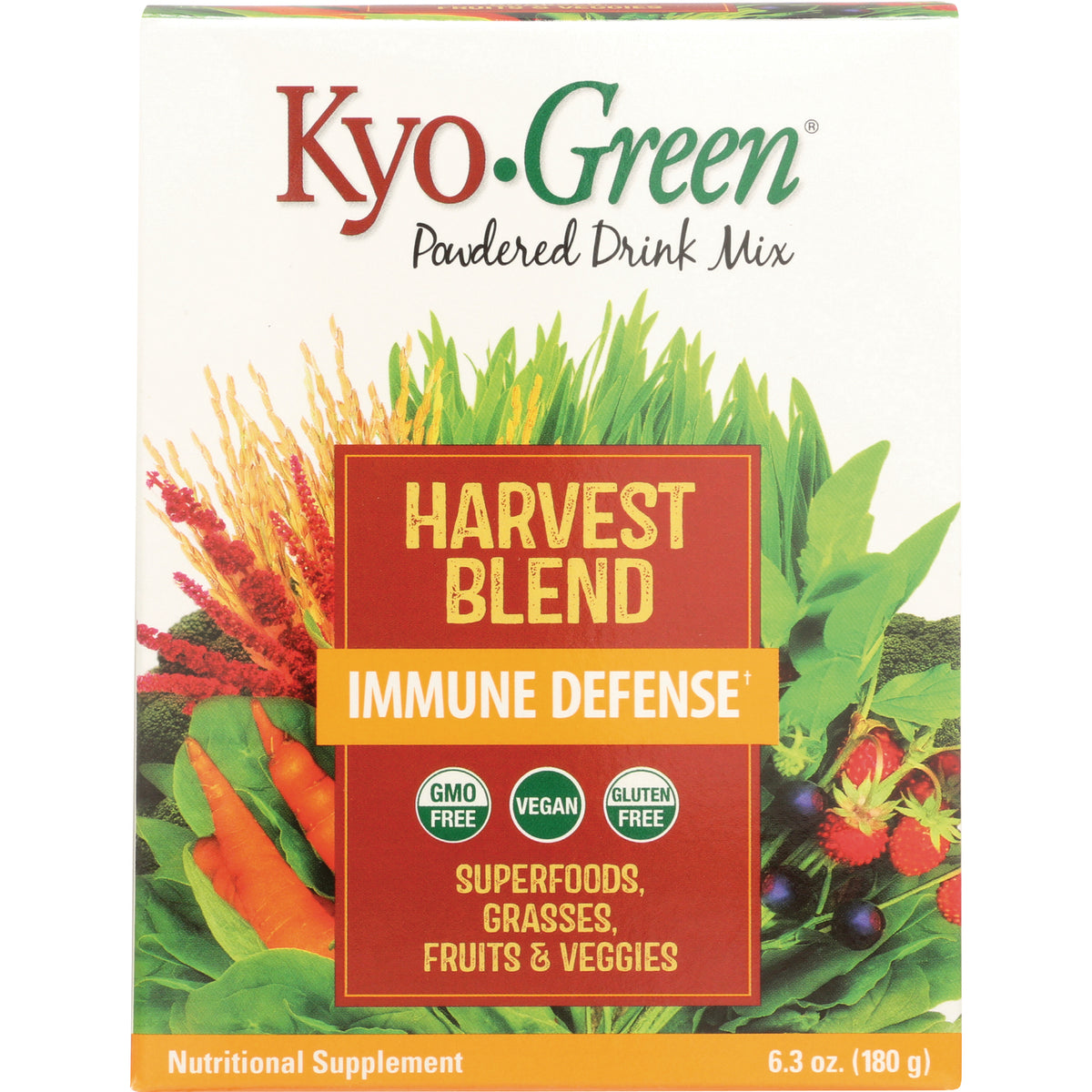 KY111 | Kyo-Green Harvest Blend Immune Defense powdered drink mix box front with vegetables, berries and GMO free vegan gluten free badges